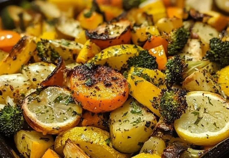 Lemon herb roasted veggie medley featuring colorful, seasoned vegetables