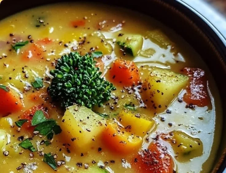 Bowl of Lemon Tahini Vegetable Soup garnished with fresh herbs.
