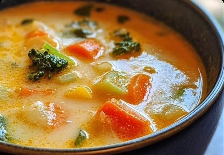 Bowl of Lemongrass Coconut Vegetable Soup with fresh vegetables and coconut milk