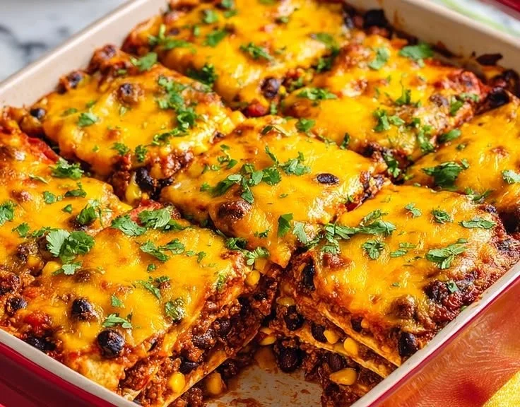Delicious Loaded Beef Enchilada Casserole topped with cheese and fresh ingredients
