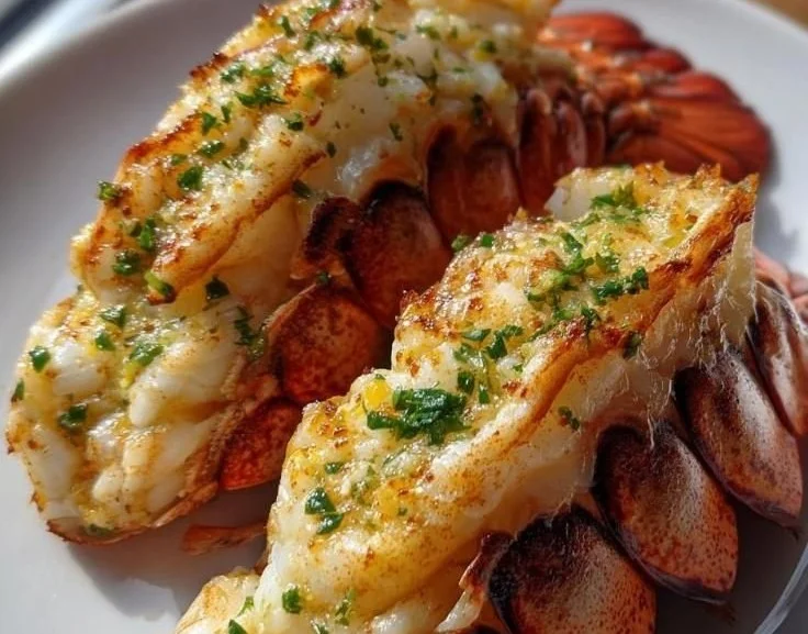 Delicious lobster tail dinner served with garlic butter and lemon.
