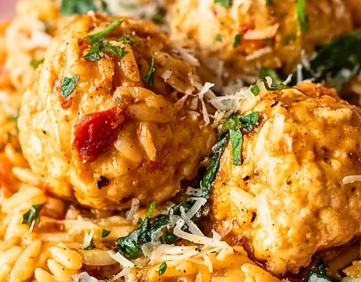 Delicious Marry Me Chicken Meatballs served with orzo pasta