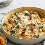 Delicious Marry Me Chicken Orzo served on a plate with fresh herbs.