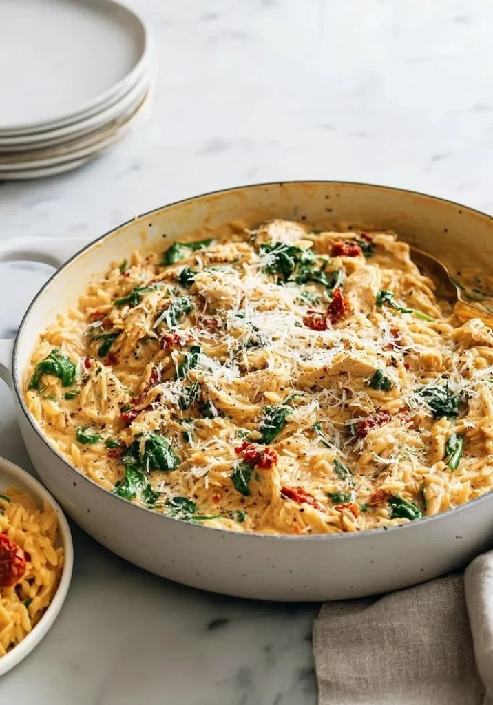 Delicious Marry Me Chicken Orzo served on a plate with fresh herbs.