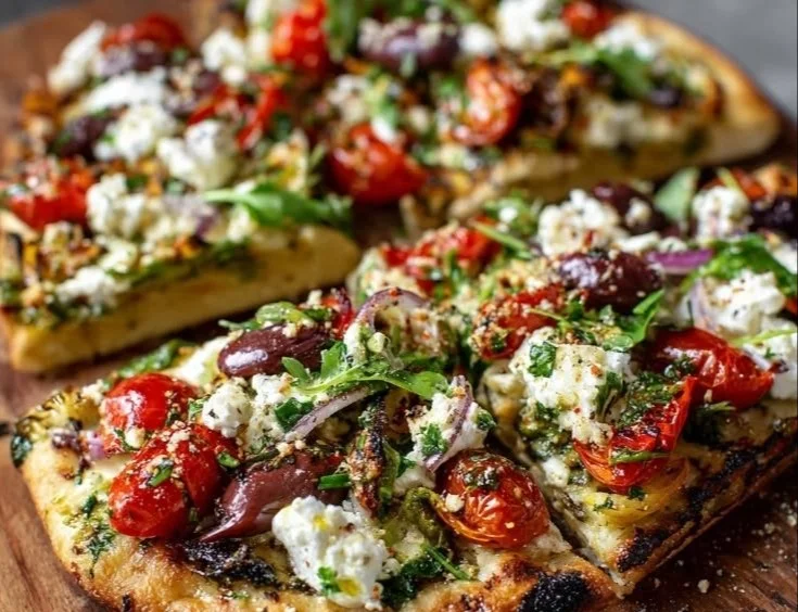Mediterranean Flatbread Pizza topped with fresh ingredients and herbs