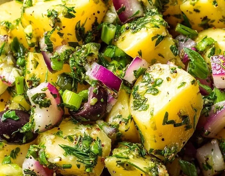 Fresh Mediterranean Potato Salad with olives, tomatoes, and herbs
