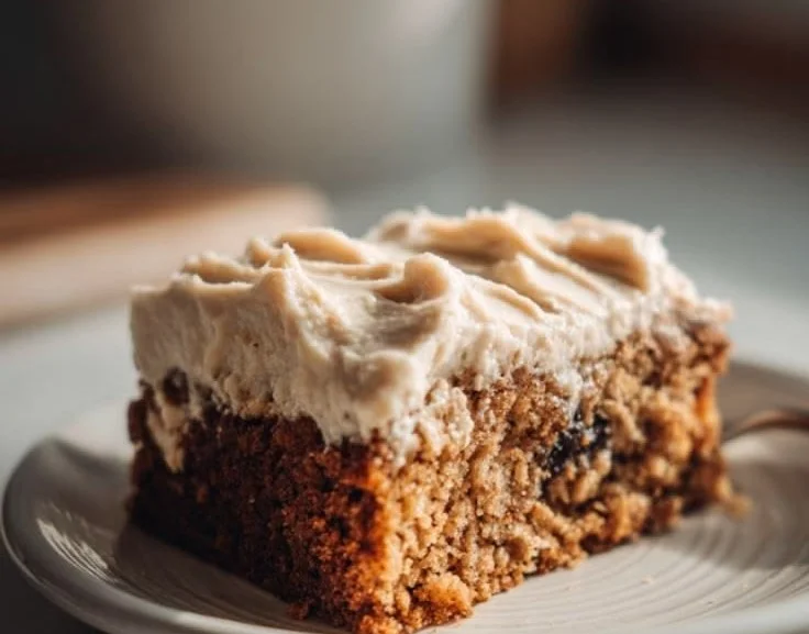 Slice of old-fashioned applesauce cake topped with frosting on a plate
