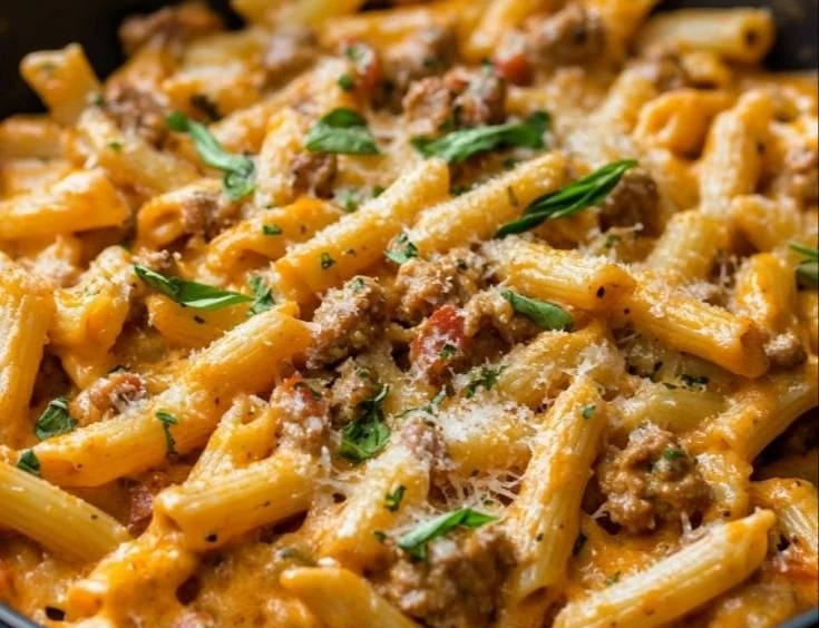 One Pan Creamy Sausage Pasta with rich sauce and garnished with herbs