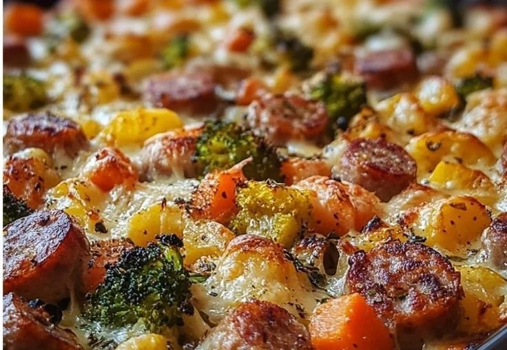 One-pan sausage and veggie bake with colorful vegetables and sausages