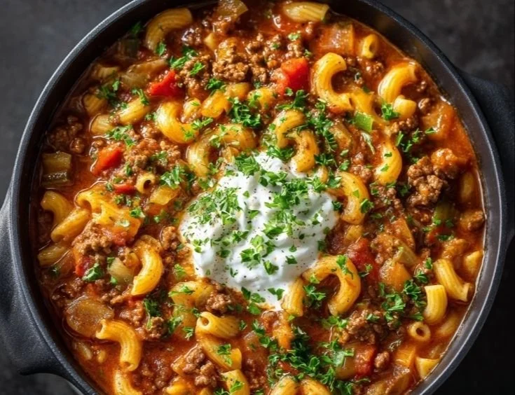 Delicious One Pot Goulash served in a bowl with herbs on top