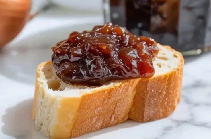 Jar of homemade onion jam served with cheese and crackers