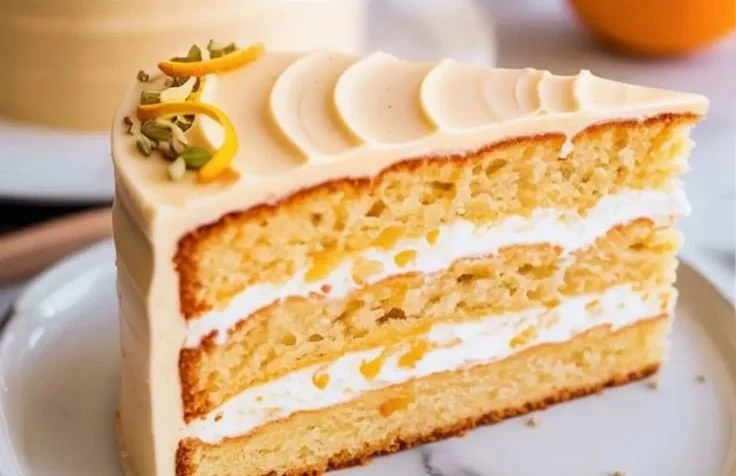 Delicious slice of orange cardamom cake topped with citrus glaze.
