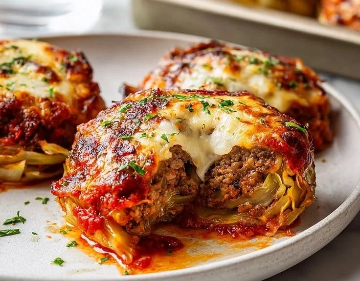 Oven-baked cabbage burgers served on a plate with toppings