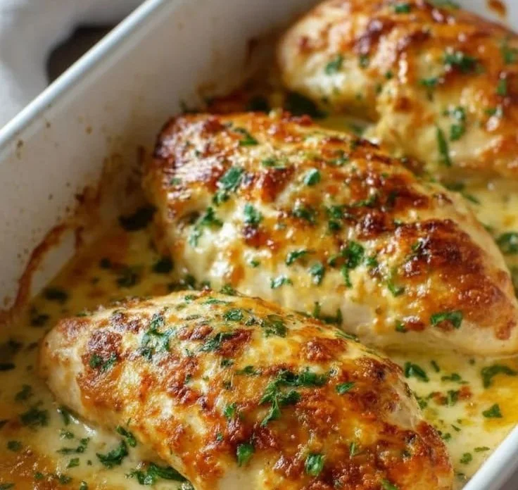Oven-baked tender chicken garnished with herbs and served on a plate.
