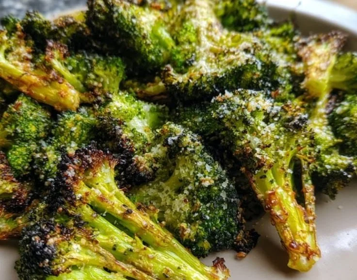 Bowl of oven roasted broccoli garnished with herbs and spices