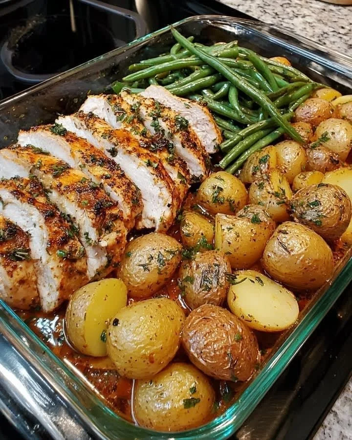 Oven-roasted chicken with baby potatoes and green beans served on a plate.