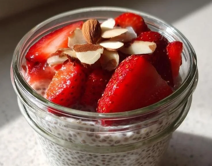 Bowl of overnight chia pudding topped with fresh fruits and nuts