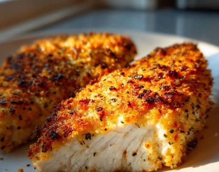 Delicious Parmesan Crusted Chicken garnished and ready to serve