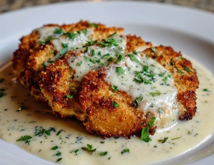 Delicious Parmesan Crusted Chicken served with creamy garlic sauce