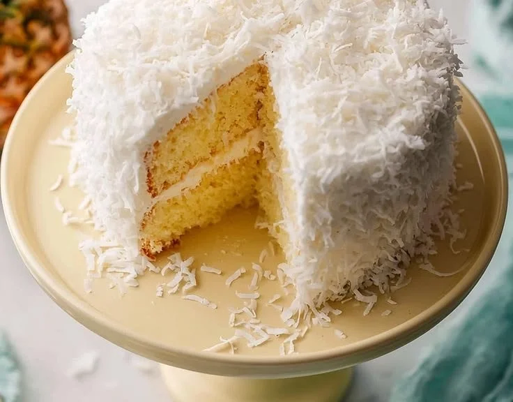 Pineapple Hawaiian Coconut Cake topped with coconut flakes and pineapple slices.