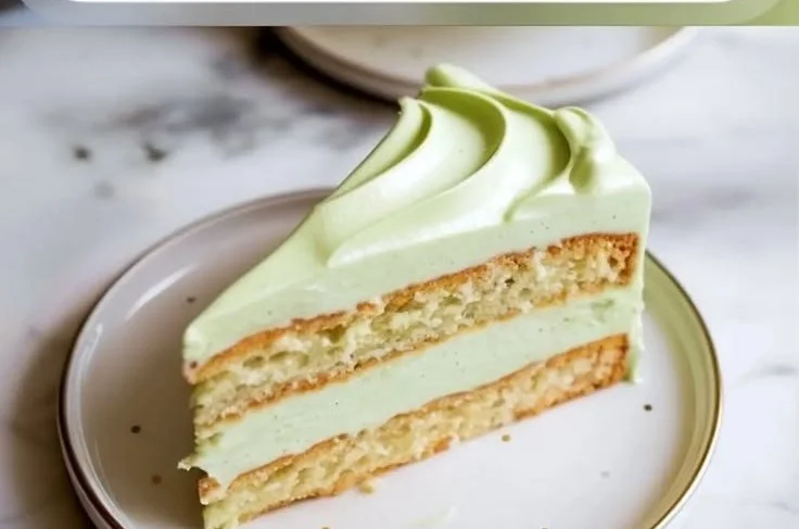 Pistachio mascarpone frosting swirled on a cake