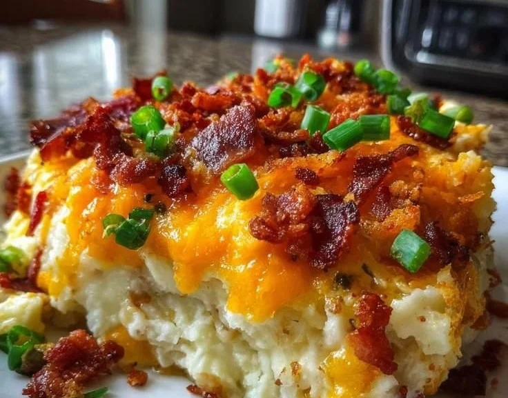 Delicious homemade Potato Casserole garnished with herbs