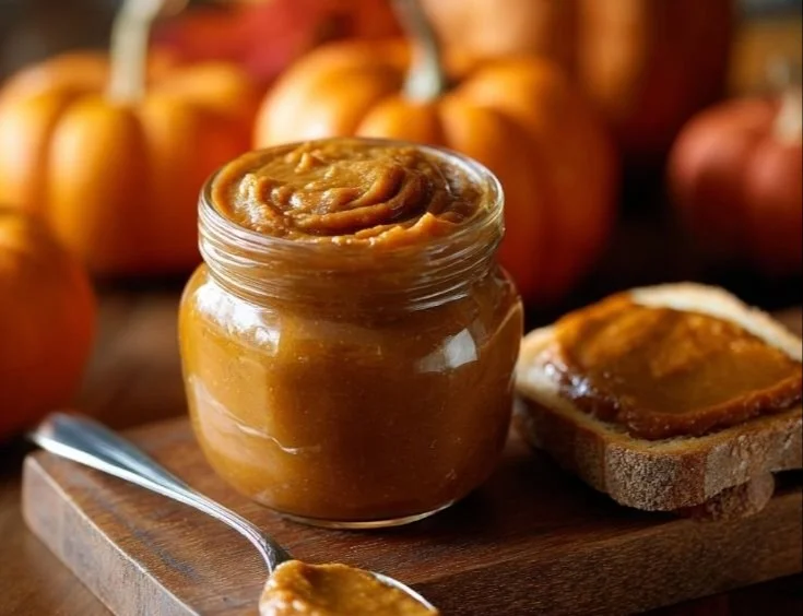 Homemade pumpkin butter in a jar with spices and autumn decor