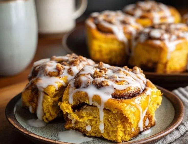 Freshly baked pumpkin cinnamon rolls topped with creamy icing