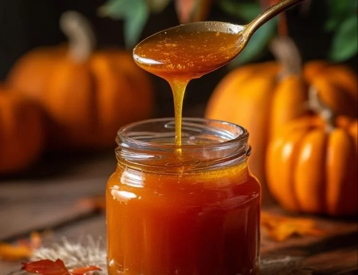 Homemade pumpkin syrup in a glass jar with pumpkins and spices.