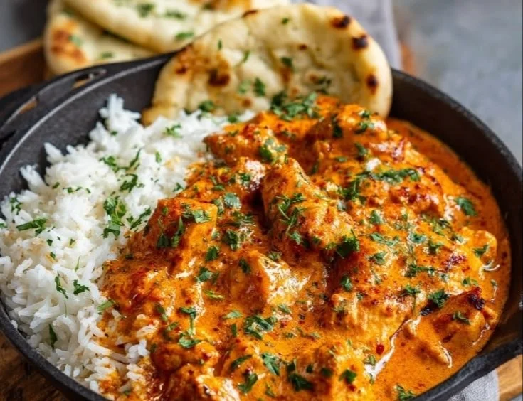 Delicious homemade butter chicken served with rice and naan bread.