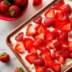 Quick Greek yogurt strawberry cake slice on a plate with fresh strawberries.