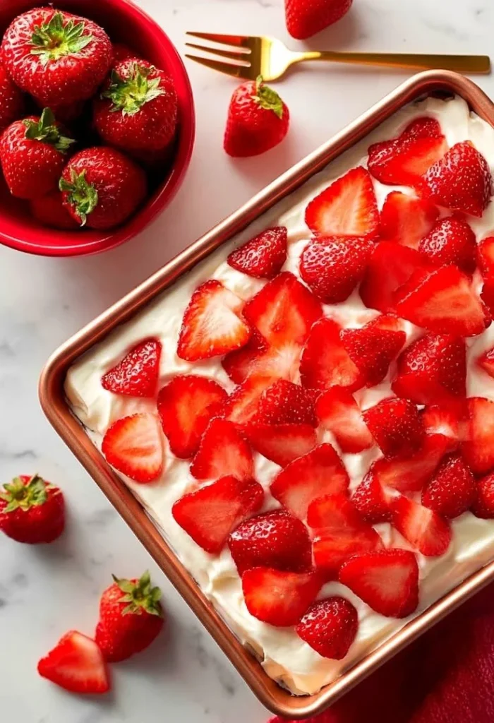 Quick Greek yogurt strawberry cake slice on a plate with fresh strawberries.