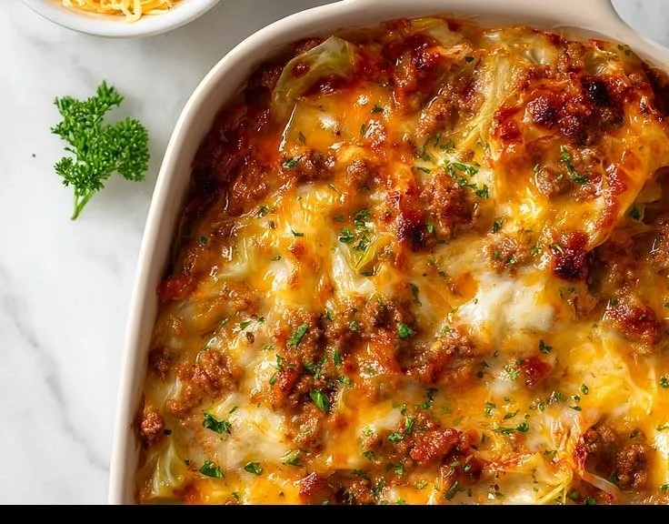 Quick low carb cabbage roll casserole served in a baking dish.