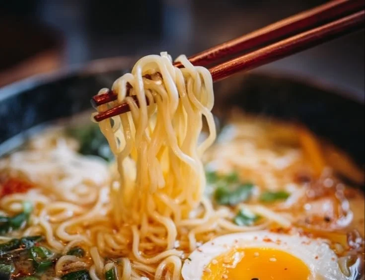 Bowl of steaming ramen noodle soup with vegetables and soft-boiled egg