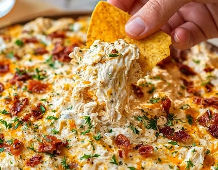 Ranch Crack Chicken Dip served in a bowl with fresh herbs and tortilla chips