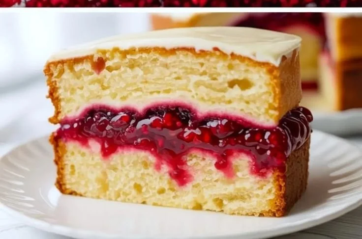 Slice of raspberry cake filled with raspberry cream filling