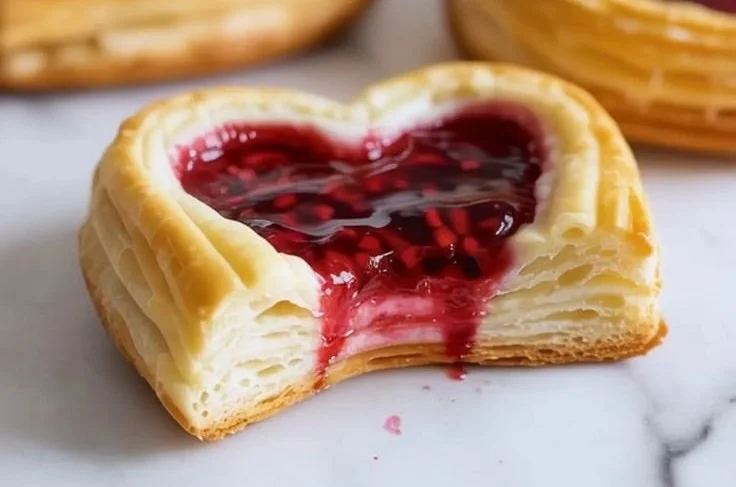 Freshly baked Raspberry Heart Danishes on a plate