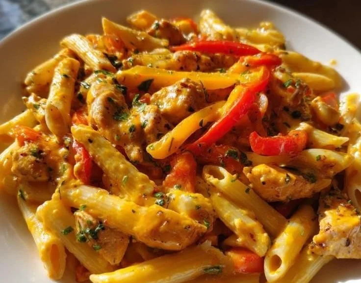 Plate of Rasta Pasta with colorful vegetables and spices
