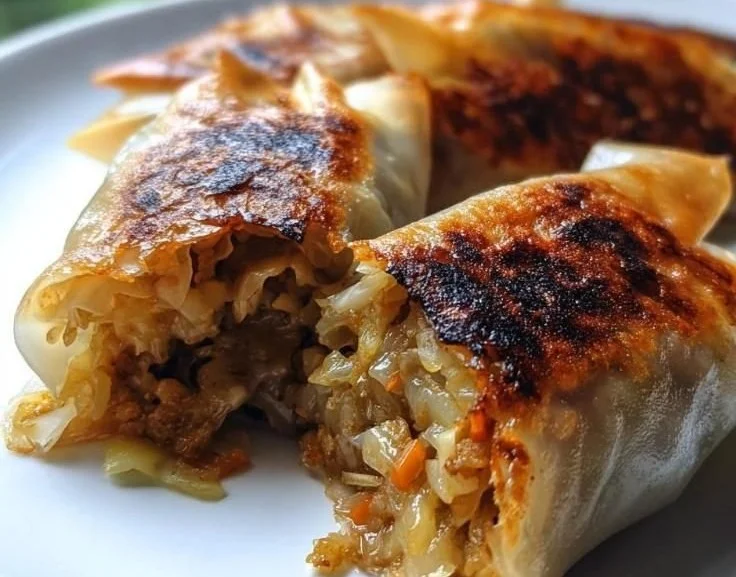 Plate of homemade rice paper dumplings filled with fresh vegetables and herbs