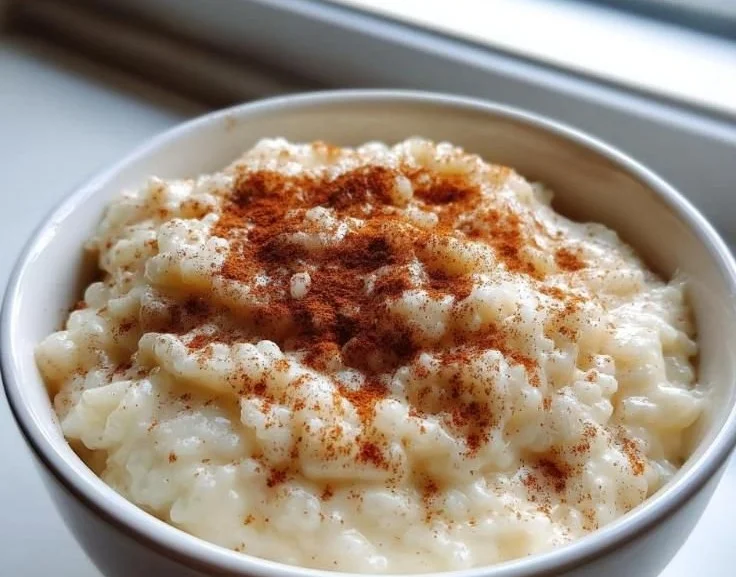 Delicious homemade rice pudding served in a bowl with a sprinkle of cinnamon.