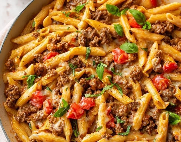 Delicious cheesy ground beef pasta topped with melting cheese