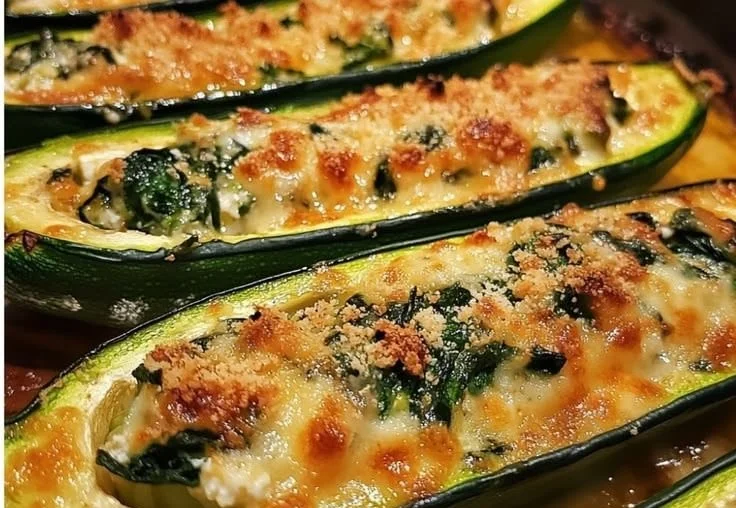 Ricotta spinach stuffed zucchini boats topped with cheese and herbs