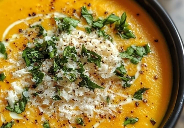 Bowl of roasted pumpkin coconut soup with garnishes.