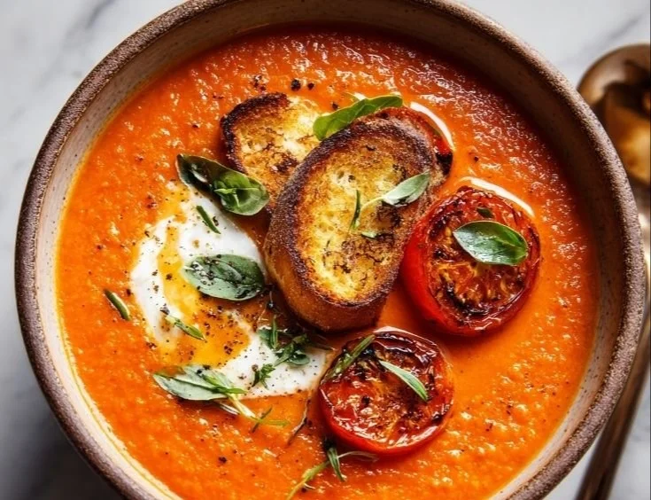 Bowl of roasted tomato soup garnished with fresh basil and croutons