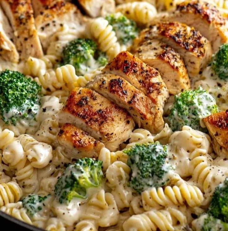 Creamy rotisserie chicken broccoli pasta dish served in a bowl