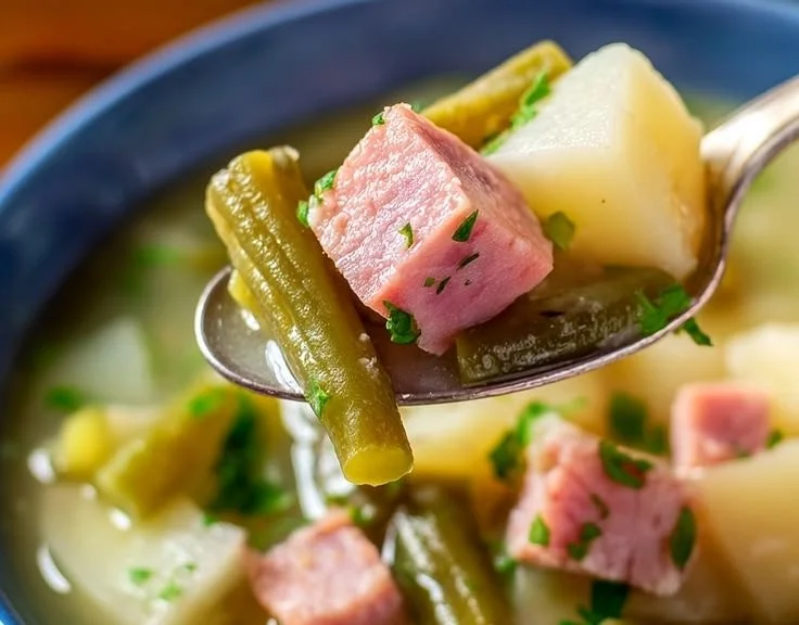 Bowl of rustic ham soup with green beans and potatoes