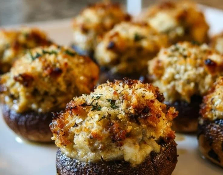 Delicious sausage stuffed mushrooms ready to serve as an appetizer.