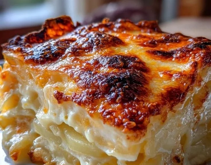 Baked scalloped potatoes with melted cheese and golden crust