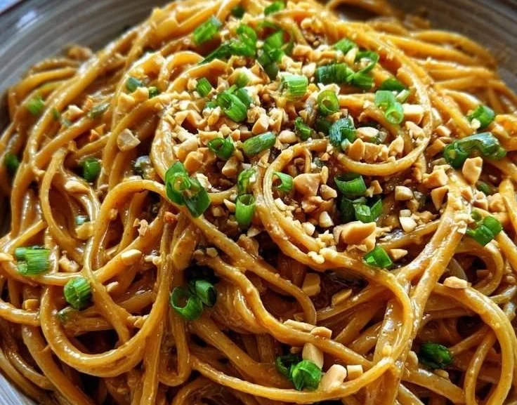 Bowl of delicious sesame peanut noodles garnished with green onions