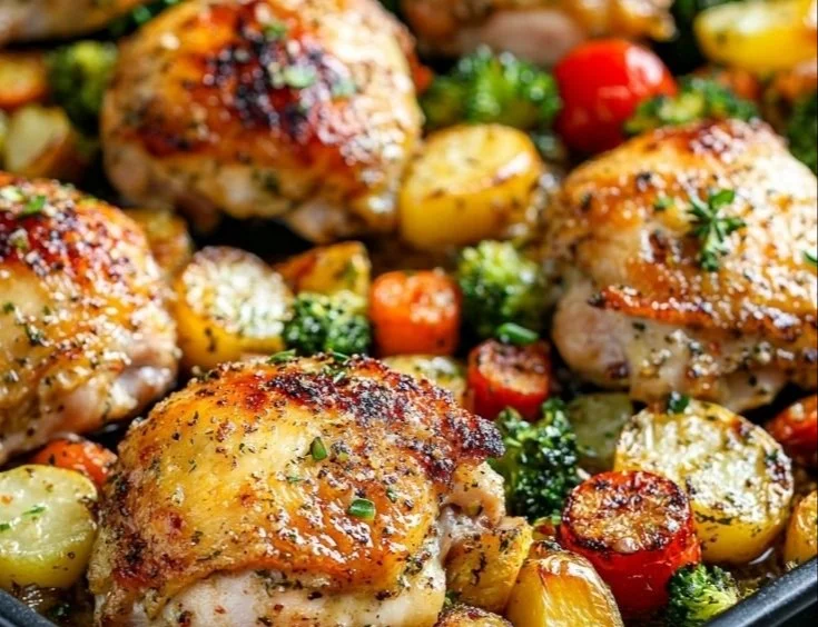 Delicious Sheet Pan Parmesan Garlic Chicken Thighs with colorful veggies
